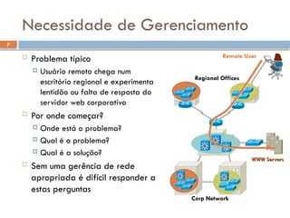 7
Necessidade de Gerenciamento
 Problema típico
 Usuário remoto chega num
escritório regional e experimenta
lentidão ou falta de resposta do
servidor web corporativo
 Por onde começar?
 Onde está o problema?
 Qual é o problema?
 Qual é a solução?
 Sem uma gerência de rede
apropriada é difícil responder a
estas perguntas
Corp Network
Regional Offices
WWW Servers
Remote User
 