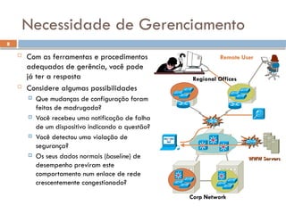 8
Necessidade de Gerenciamento
 Com as ferramentas e procedimentos
adequados de gerência, você pode
já ter a resposta
 Considere algumas possibilidades
 Que mudanças de configuração foram
feitas de madrugada?
 Você recebeu uma notificação de falha
de um dispositivo indicando a questão?
 Você detectou uma violação de
segurança?
 Os seus dados normais (baseline) de
desempenho previram este
comportamento num enlace de rede
crescentemente congestionado?
Corp Network
Regional Offices
WWW Servers
Remote User
 