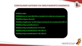 R3640>enable
R3640#show ip route #Verifica el estado de la tabla de enrutamiento
R3640#configure terminal
R3640(config)#router rip #Configura protocolo de enrutamiento RIP v2
R3640(config-router)#version 2
R3640(config-router)#network 10.10.10.0
R3640(config-router)#network 192.168.1.0
R3640(config-router)#network 192.168.2.0
CONFIGURAR GATEWAY EN ENRUTAMIENTO DINÁMICO:
 