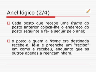 Anel lógico (2/4)
 Cada posto que recebe uma frame do
posto anterior coloca-lhe o endereço do
posto seguinte e fá-la seguir pelo anel;
 o posto a quem a frame era destinada
recebe-a, lê-a e preenche um “recibo”
em como a recebeu, enquanto que os
outros apenas a reencaminham.
 