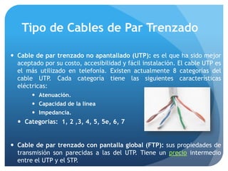 Tipo de Cables de Par TrenzadoCable de par trenzado no apantallado (UTP): es el que ha sido mejor aceptado por su costo, accesibilidad y fácil instalación. El cable UTP es el más utilizado en telefonía. Existen actualmente 8 categorías del cable UTP. Cada categoría tiene las siguientes características eléctricas: Atenuación. Capacidad de la línea Impedancia. Categorías:  1, 2 ,3, 4, 5, 5e, 6, 7Cable de par trenzado con pantalla global (FTP): sus propiedades de transmisión son parecidas a las del UTP. Tiene un precio intermedio entre el UTP y el STP. 