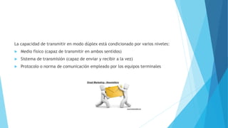 La capacidad de transmitir en modo dúplex está condicionado por varios niveles:
 Medio físico (capaz de transmitir en ambos sentidos)
 Sistema de transmisión (capaz de enviar y recibir a la vez)
 Protocolo o norma de comunicación empleado por los equipos terminales
 
