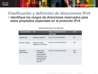Clasificación y definición de direcciones IPv4 Identifique los rangos de direcciones reservados para estos propósitos especiales en el protocolo IPv4 