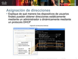Explique de qué manera los dispositivos de usuarios finales pueden obtener direcciones estáticamente mediante un administrador o dinámicamente mediante un protocolo DHCP Asignación de direcciones 