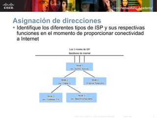 Asignación de direcciones Identifique los diferentes tipos de ISP y sus respectivas funciones en el momento de proporcionar conectividad a Internet 