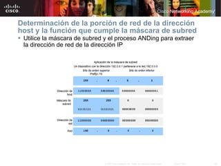 Determinación de la porción de red de la dirección host y la función que cumple la máscara de subred  Utilice la máscara de subred y el proceso ANDing para extraer la   dirección de red de la dirección IP 