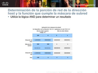 Determinación de la porción de red de la dirección host y la función que cumple la máscara de subred  Utilice la lógica AND para determinar un resultado 