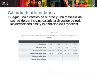 Cálculo de direcciones  Según una dirección de subred y una máscara de subred determinadas, calcule la dirección de red, las direcciones host y la dirección de broadcast 