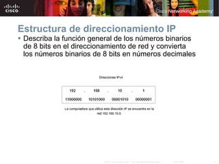 Estructura de direccionamiento IP Describa la función general de los números binarios de 8 bits en el direccionamiento de red y convierta los   números binarios de 8 bits en números decimales 