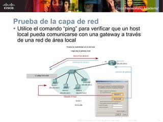 Prueba de la capa de red  Utilice el comando  “ ping ”  para verificar que un host local pueda comunicarse con una gateway a través de una red de área local 