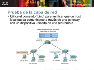 Prueba de la capa de red  Utilice el comando  “ ping ”  para verificar que un host local pueda comunicarse a través de una gateway con   un dispositivo ubicado en una red remota 