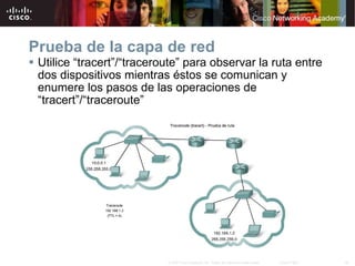Prueba de la capa de red  Utilice  “ tracert ” / “ traceroute ”  para observar la ruta entre dos dispositivos mientras éstos se comunican y  enumere  los pasos de las operaciones de  “ tracert ” / “ traceroute ” 