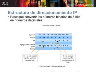 Practique convertir los números binarios de 8 bits en números decimales Estructura de direccionamiento IP 