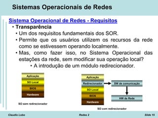 Claudio Lobo Redes 2 Slide 15
Sistemas Operacionais de Redes
Sistema Operacional de Redes - Requisitos
• Transparência
• Um dos requisitos fundamentais dos SOR.
• Permite que os usuários utilizem os recursos da rede
como se estivessem operando localmente.
• Mas, como fazer isso, no Sistema Operacional das
estações da rede, sem modificar sua operação local?
• A introdução de um módulo redirecionador.
Aplicação
SO Local
BIOS
Hardware
Aplicação
SO Local
BIOS
Hardware
Redirecionador SW de comunicação
HW de Rede
SO sem redirecionador
SO com redirecionador
 
