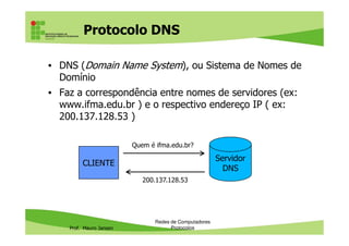 Protocolo DNS
• DNS (Domain Name System): Sistema de Nomes de
Domínio
• Faz a correspondência entre nomes de servidores (ex:
www.ifma.edu.br ) e o respectivo endereço IP ( ex:
200.137.128.53 )
Prof. Mauro Jansen
Redes de Computadores
Protocolos
CLIENTE
Servidor
DNS
Quem é ifma.edu.br?
200.137.128.53
 