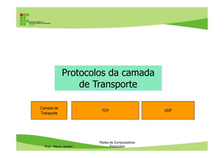 Protocolo DHCP: funcionamento
Computador Endereço IP
1. Micro PC03 e ligado e
pede um endereço IP
2. Servidor DHCP consulta
tabela e vê que PC03 já
obteve um IP antes, então
envia a mensagem com o
IP 192.168.0.4
Prof. Mauro Jansen
Redes de Computadores
Protocolos
Computador Endereço IP
PC01 192.168.0.2
PC02 192.168.0.3
PC03 192.168.0.4
PC04 192.168.0.5
PC05 192.168.0.6
PC06 192.168.0.7
PC07 192.168.0.8
PC08
 