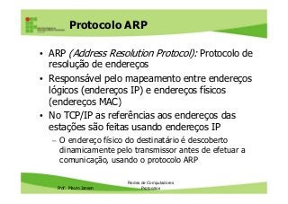 Protocolo ARP
• ARP (Address Resolution Protocol): Protocolo de
resolução de endereços
• Responsável pelo mapeamento entre endereços
lógicos (endereços IP) e endereços físicos
(endereços MAC)
Prof. Mauro Jansen
(endereços MAC)
• No TCP/IP as referências aos endereços das
estações são feitas usando endereços IP
– O endereço físico do destinatário é descoberto
dinamicamente pelo transmissor antes de efetuar a
comunicação, usando o protocolo ARP
Redes de Computadores
Protocolos
 