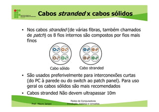 Cabos x conectores
• Os cabos, conectores (e demais
componentes) devem ser da mesma
categoria
• Cabos blindados podem ser combinados
Prof. Mauro Jansen
• Cabos blindados podem ser combinados
com conectores blindados
Redes de Computadores
Cabeamento
 