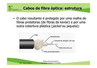 Patch panel: vantagens
• Permite criar pontos de rede futuros (instalados
mas ainda sem uso) visando expansão da rede
– Basta conectar o patch cord para ativação
• Poupar as portas dos switches, que são sensíveis,
de constantes retiradas e inserções de
Prof. Mauro Jansen
de constantes retiradas e inserções de
conectores
• Flexibilidade e rapidez para ativar um ponto
como ponto de dados ou de telefonia
– O encaixe de conectores RJ11 (de telefones) é
compatível com o dos RJ45 (de cabos de rede)
Redes de Computadores
Cabeamento
 