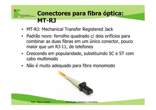 Cabos de fibra óptica: o fio de
fibra
• Fios de vidro muito finos (aprox 125 microns), feitos de
sílica com alto grau de pureza e capazes de transmitir
feixes de luz a longas distâncias
• O cabo de fibra (sem as coberturas) é composto por:
Prof. Mauro Jansen
Redes de Computadores
Cabeamento
Núcleo
Cadding ou casca:
camada com índice de
refração mais baixo
Coating ou buffer:
camada protetora
mais espessa
 