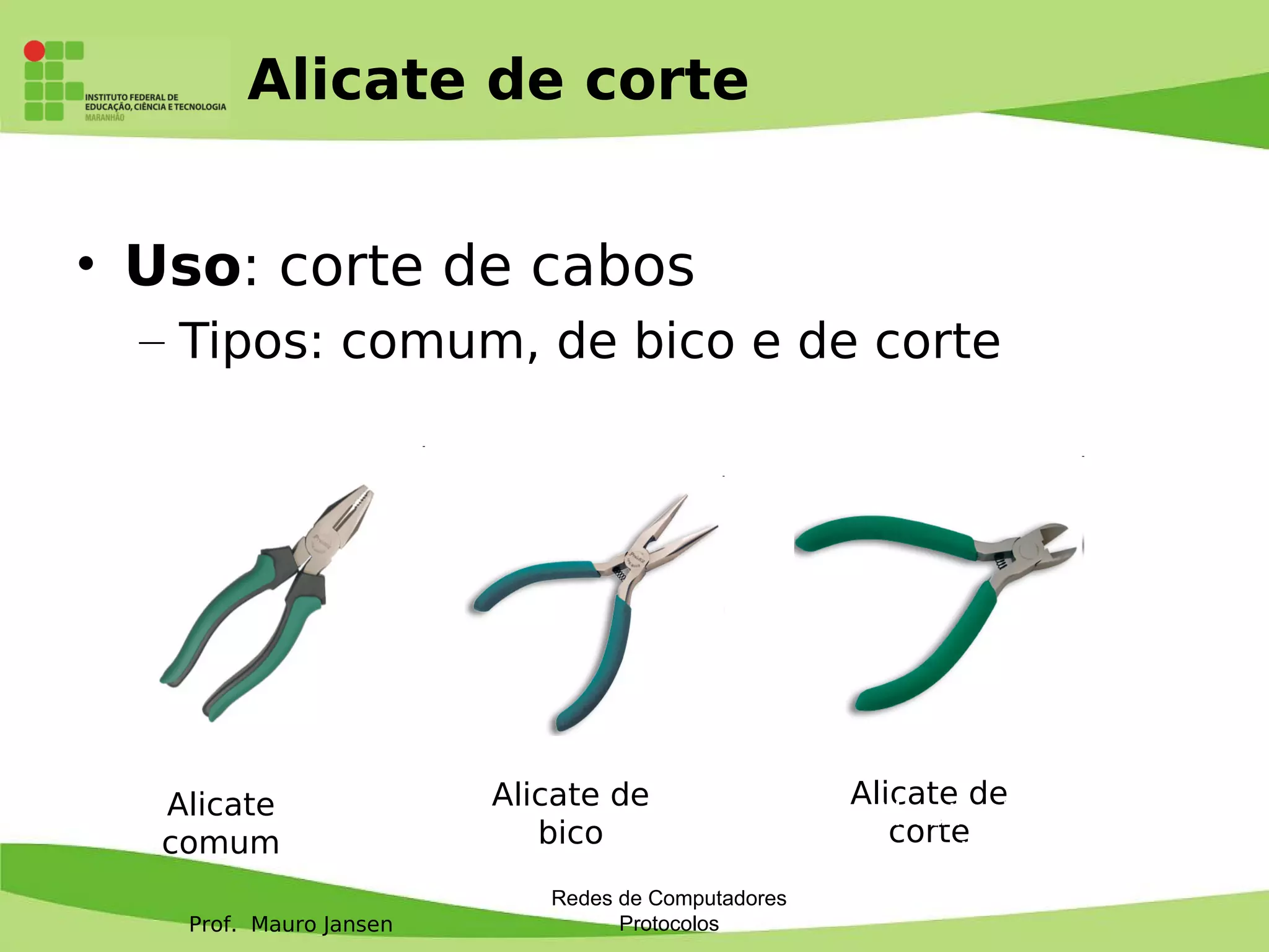 Prof. Mauro Jansen
Alicate de corte
Redes de Computadores
Protocolos
• Uso: corte de cabos
– Tipos: comum, de bico e de corte
Alicate
comum
Alicate de
bico
Alicate de
corte
Alicate
comum
Alicate de
bico
Alicate de
corte
 
