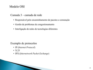 Modelo OSI Camada 3 – camada de rede Responsável pelo encaminhamento de pacotes e comutação Gestão de problemas de congestionamento Interligação de redes de tecnologias diferentes Exemplo de protocolos IP ( Internet Protocol ) X.25 IPX ( Internetwork Packet Exchange ) 
