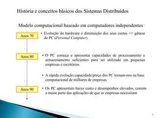 História e conceitos básicos dos Sistemas Distribuídos Modelo computacional baseado em computadores independentes A rápida evolução capacidade/preço dos PC tornam-nos na base computacional de milhares de empresas Evolução do hardware e diminuição dos seus custos => génese do PC ( Personal Computer ) Anos 70 Anos 80 O PC começa a apresentar capacidades de processamento e armazenamento suficientes para ser utilizado em pequenas empresas e escritórios Anos 90 Os PC apresentam baixo custo e desempenhos elevados, correm a maior parte das aplicações de que as empresas necessitam 