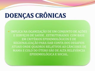 DOENÇAS CRÔNICAS

 IMPLICA NA OGANIZAÇÃO DE UM CONJUNTO DE AÇÕES
   E SERVIÇOS DE SAÚDE , ESTRUTURADOS COM BASE
        EM CRITÉRIOS EPIDEMIOLÓGICOS E DE
   REGIONALIZAÇÃO PARA DAR CONTA DOS DESAFIOS
  ATUAIS ONDE QUADROS RELATIVOS AO CÂNCERES DE
   MAMA E COLO DO ÚTERO SÃO DE ALTA RELEVÂNCIA
             EPIDEMIOLÓGICA E SOCIAL.
 