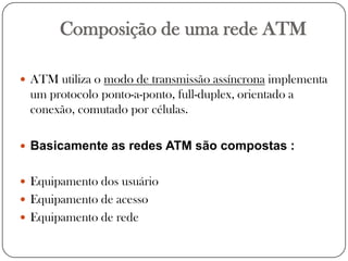 Composição de uma rede ATMATM utiliza o modo de transmissão assíncrona implementa um protocolo ponto-a-ponto, full-duplex, orientado a conexão, comutado por células.Basicamente as redes ATM são compostas :Equipamento dos usuárioEquipamento de acessoEquipamento de rede