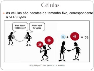  CélulasAs células são pacotes de tamanho fixo, correspondente a 5+48 Bytes.