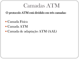 Camadas ATMO protocolo ATM está dividido em três camadas:Camada Física Camada ATMCamada de adaptação ATM (AAL)