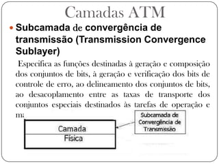 Camadas ATMSubcamada de convergência de transmissão (Transmission Convergence Sublayer)Especifica as funções destinadas à geração e composição dos conjuntos de bits, à geração e verificação dos bits de controle de erro, ao delineamento dos conjuntos de bits, ao desacoplamento entre as taxas de transporte dos conjuntos especiais destinados às tarefas de operação e manutenção.