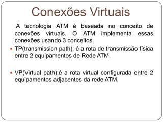 VC( Virtual Channel): é o canal virtual configurado também entre 2 equipamentos adjacentes da rede ATM. 