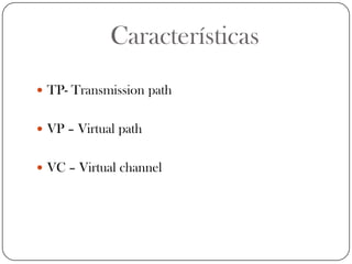 CaracterísticasTP- Transmission pathVP – Virtual pathVC – Virtual channel