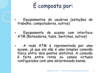 É composta por:
 Equipamentos de usuários (estações de
trabalho, computadores, outros)
 Equipamento de acesso com interface
ATM (Roteadores, hubs, Switches, outros)
 A rede ATM é representada por uma
nuvem, já que ela não é uma simples conexão
física entre dois pontos distintos. A conexão
é feita entre rotas ou canais virtuais
configurados com uma determinada banda.
26/05/2014 02:17 Redes de Computadores, Redes ATM 3
 