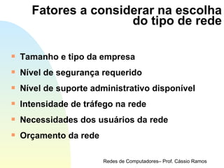 Fatores a considerar na escolha  do tipo de rede Tamanho e tipo da empresa Nível de segurança requerido Nível de suporte administrativo disponível Intensidade de tráfego na rede Necessidades dos usuários da rede Orçamento da rede 