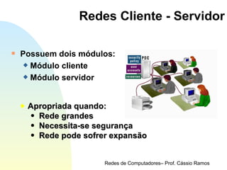 Redes Cliente - Servidor Possuem dois módulos: Módulo cliente Módulo servidor Apropriada quando: Rede grandes Necessita-se segurança Rede pode sofrer expansão 