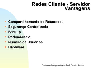 Redes Cliente - Servidor Vantagens Compartilhamento de Recursos. Segurança Centralizada Backup Redundância Número de Usuários Hardware 