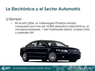 La Electrónica y el Sector Automotriz
 Ejemplo
o En el año 2004, un Volkswagen Phaeton estaba
compuesto por mas de 10,000 dispositivos electrónicos, 61
microprocesadores, 1 red multimedia (Most), 3 redes CAN,
y subredes LIN.
10
 