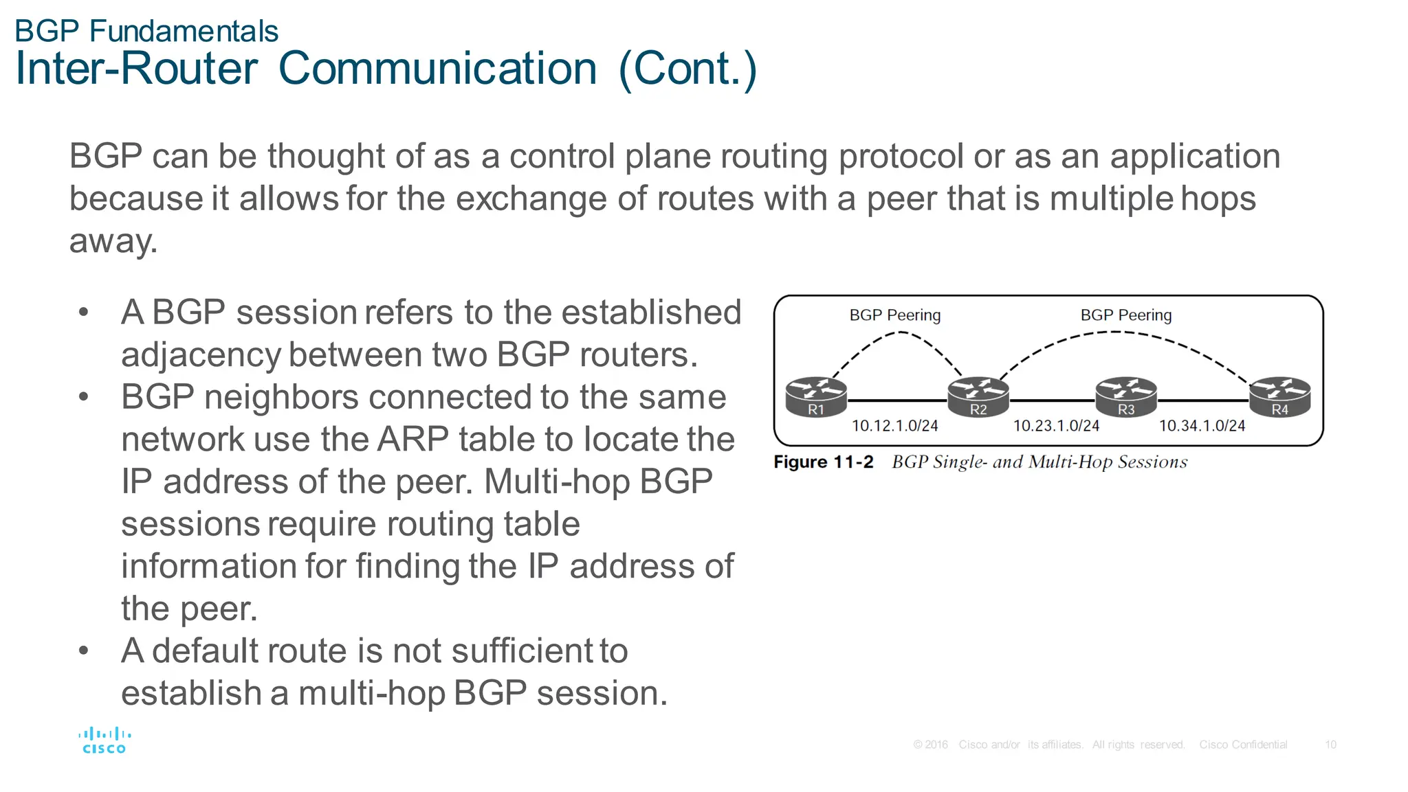 10
© 2016 Cisco and/or its affiliates. All rights reserved. Cisco Confidential
BGP Fundamentals
Inter-Router Communication (Cont.)
BGP can be thought of as a control plane routing protocol or as an application
because it allows for the exchange of routes with a peer that is multiple hops
away.
• A BGP session refers to the established
adjacency between two BGP routers.
• BGP neighbors connected to the same
network use the ARP table to locate the
IP address of the peer. Multi-hop BGP
sessions require routing table
information for finding the IP address of
the peer.
• A default route is not sufficient to
establish a multi-hop BGP session.
 