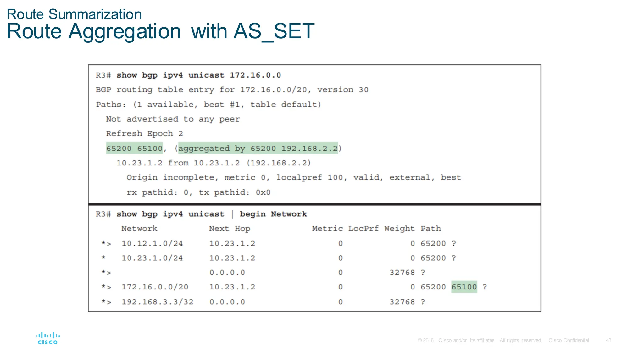 43
© 2016 Cisco and/or its affiliates. All rights reserved. Cisco Confidential
Route Summarization
Route Aggregation with AS_SET
 