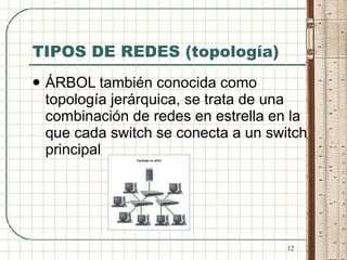 TIPOS DE REDES (topología) ÁRBOL también conocida como topología jerárquica, se trata de una combinación de redes en estrella en la que cada switch se conecta a un switch principal  