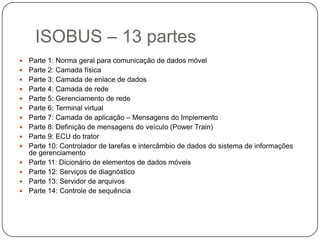 ISOBUS – 13 partes
 Parte 1: Norma geral para comunicação de dados móvel
 Parte 2: Camada física
 Parte 3: Camada de enlace de dados
 Parte 4: Camada de rede
 Parte 5: Gerenciamento de rede
 Parte 6: Terminal virtual
 Parte 7: Camada de aplicação – Mensagens do Implemento
 Parte 8: Definição de mensagens do veículo (Power Train)
 Parte 9: ECU do trator
 Parte 10: Controlador de tarefas e intercâmbio de dados do sistema de informações
de gerenciamento
 Parte 11: Dicionário de elementos de dados móveis
 Parte 12: Serviços de diagnóstico
 Parte 13: Servidor de arquivos
 Parte 14: Controle de sequência
 