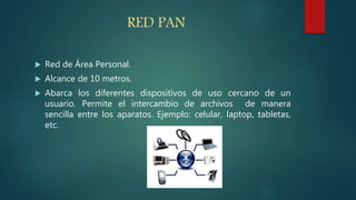 RED PAN
 Red de Área Personal.
 Alcance de 10 metros.
 Abarca los diferentes dispositivos de uso cercano de un
usuario. Permite el intercambio de archivos de manera
sencilla entre los aparatos. Ejemplo: celular, laptop, tabletas,
etc.
 