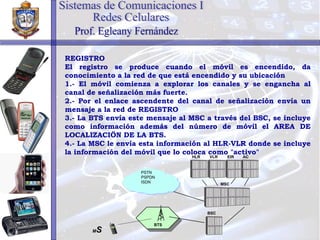 REGISTRO El registro se produce cuando el móvil es encendido, da conocimiento a la red de que está encendido y su ubicación 1.- El móvil comienza a explorar los canales y se engancha al canal de señalización más fuerte. 2.- Por el enlace ascendente del canal de señalización envía un mensaje a la red de REGISTRO 3.- La BTS envía este mensaje al MSC a través del BSC, se incluye como información además del número de móvil el AREA DE LOCALIZACIÖN DE LA BTS. 4.- La MSC le envía esta información al HLR-VLR donde se incluye la información del móvil que lo coloca como "activo" Sistemas de Comunicaciones I Redes Celulares Prof. Egleany Fernández M S BTS BSC PSTN PSPDN ISDN MSC HLR VLR EIR AC 
