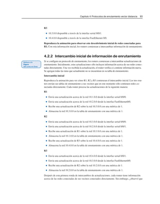 Capítulo 4: Protocolos de enrutamiento vector distancia 93
R3
■ 10.3.0.0 disponible a través de la interfaz serial 0/0/1.
■ 10.4.0.0 disponible a través de la interfaz FastEthernet 0/0.
Reproduzca la animación para observar este descubrimiento inicial de redes conectadas para
R1. Con esta información inicial, los routers comienzan a intercambiar información de enrutamiento.
4.2.2 Intercambio inicial de información de enrutamiento
Si se configura un protocolo de enrutamiento, los routers comienzan a intercambiar actualizaciones de
enrutamiento. Inicialmente, estas actualizaciones sólo incluyen información acerca de sus redes conec-
tadas directamente. Una vez recibida la actualización, el router verifica si contiene información nueva.
Se agregan todas las rutas que actualmente no se encuentran en su tabla de enrutamiento.
Intercambio inicial
Reproduzca la animación para ver cómo R1, R2 y R3 comienzan el intercambio inicial. Los tres rou-
ters envían sus tablas de enrutamiento a sus vecinos que en este momento sólo contienen redes co-
nectadas directamente. Cada router procesa las actualizaciones de la siguiente manera:
R1
■ Envía una actualización acerca de la red 10.1.0.0 desde la interfaz serial 0/0/0.
■ Envía una actualización acerca de la red 10.2.0.0 desde la interfaz FastEthernet0/0.
■ Recibe una actualización de R2 sobre la red 10.3.0.0 con una métrica de 1.
■ Almacena la red 10.3.0.0 en la tabla de enrutamiento con una métrica de 1.
R2
■ Envía una actualización acerca de la red 10.3.0.0 desde la interfaz serial 0/0/0.
■ Envía una actualización acerca de la red 10.2.0.0 desde la interfaz serial 0/0/1.
■ Recibe una actualización de R1 sobre la red 10.1.0.0 con una métrica de 1.
■ Almacena la red 10.1.0.0 en la tabla de enrutamiento con una métrica de 1.
■ Recibe una actualización de R3 sobre la red 10.4.0.0 con una métrica de 1.
■ Almacena la red 10.4.0.0 en la tabla de enrutamiento con una métrica de 1.
R3
■ Envía una actualización acerca de la red 10.4.0.0 desde la interfaz serial 0/0/1.
■ Envía una actualización acerca de la red 10.3.0.0 desde la interfaz FastEthernet0/0.
■ Recibe una actualización de R2 sobre la red 10.2.0.0 con una métrica de 1.
■ Almacena la red 10.2.0.0 en la tabla de enrutamiento con una métrica de 1.
Después de esta primera ronda de intercambios de actualizaciones, cada router tiene información
acerca de las redes conectadas de sus vecinos conectados directamente. Sin embargo, ¿observó que
 