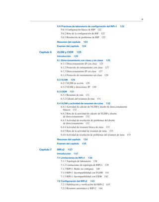 5.6 Prácticas de laboratorio de configuración del RIPv1 122
5.6.1 Configuración básica de RIP 122
5.6.2 Reto de la configuración de RIP 122
5.6.3 Resolución de problemas de RIP 122
Resumen del capítulo 123
Examen del capítulo 124
Capítulo 6 VLSM y CIDR 125
Introducción 125
6.1 Direccionamiento con clase y sin clase 125
6.1.1 Direccionamiento IP con clase 125
6.1.2 Protocolo de enrutamiento con clase 127
6.1.3 Direccionamiento IP sin clase 127
6.1.4 Protocolo de enrutamiento sin clase 129
6.2 VLSM 129
6.2.1 VLSM en acción 129
6.2.2 VLSM y direcciones IP 130
6.3 CIDR 131
6.3.1 Resumen de ruta 131
6.3.2 Cálculo del resumen de ruta 131
6.4 VLSM y actividad de resumen de rutas 132
6.4.1 Actividad de cálculo de VLSM y diseño de direccionamiento
básicos 132
6.4.2 Reto de la actividad de cálculo de VLSM y diseño
de direccionamiento 132
6.4.3 Actividad de resolución de problemas del diseño
de direccionamiento 132
6.4.4 Actividad de resumen básica de rutas 133
6.4.5 Reto de la actividad de resumen de rutas 133
6.4.6 Actividad de resolución de problemas del resumen de rutas 133
Resumen del capítulo 134
Examen del capítulo 135
Capítulo 7 RIPv2 137
Introducción 137
7.1 Limitaciones de RIPv1 138
7.1.1 Topología de laboratorio 138
7.1.2 Limitaciones de topología de RIPv1 139
7.1.3 RIPv1: Redes no contiguas 140
7.1.4 RIPv1: Incompatibilidad con VLSM 141
7.1.5 RIPv1: Incompatibilidad con CIDR 142
7.2 Configuración del RIPv2 143
7.2.1 Habilitación y verificación del RIPv2 143
7.2.2 Resumen automático y RIPv2 144
ix
 