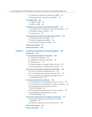7.2.3 Desactivación del resumen automático en RIPv2 145
7.2.4 Verificación de las actualizaciones de RIPv2 145
7.3 VLSM y CIDR 146
7.3.1 RIPv2 y VLSM 146
7.3.2 RIPv2 y CIDR 146
7.4 Verificación y resolución de problemas del RIPv2 147
7.4.1 Comandos para la verificación y resolución de problemas 147
7.4.2 Problemas comunes de RIPv2 148
7.4.3 Autenticación 149
7.5 Prácticas de laboratorio de configuración del RIPv2 149
7.5.1 Configuración básica del RIPv2 149
7.5.2 Reto de configuración del RIPv2 150
7.5.3 Resolución de problemas de RIPv2 150
Resumen del capítulo 151
Examen del capítulo 152
Capítulo 8 La tabla de enrutamiento: un estudio detallado 153
Introducción 153
8.1 Estructura de la tabla de enrutamiento 153
8.1.1 Topología de laboratorio 153
8.1.2 Entradas de la tabla de enrutamiento 154
8.1.3 Rutas de nivel 1 154
8.1.4 Rutas principales y secundarias: Redes con clase 155
8.1.5 Rutas principales y secundarias: Redes sin clase 157
8.2 Proceso de búsqueda en la tabla de enrutamiento 158
8.2.1 Pasos en el proceso de búsqueda de rutas 158
8.2.2 La coincidencia más larga: Rutas de red de nivel 1 159
8.2.3 La coincidencia más larga: Rutas principales de nivel 1
y secundarias de nivel 2 161
8.3 Comportamiento de enrutamiento 163
8.3.1 Comportamiento del enrutamiento con clase y sin clase 163
8.3.2 Comportamiento del enrutamiento con clase: no ip classless 163
8.3.3 Comportamiento del enrutamiento con clase:
Proceso de búsqueda 164
8.3.4 Comportamiento de enrutamiento sin clase: ip classless 165
8.3.5 Comportamiento del enrutamiento sin clase:
Proceso de búsqueda 166
8.4 Prácticas de laboratorio de la tabla de enrutamiento 167
8.4.1 Investigación del proceso de búsqueda en la tabla de
enrutamiento 167
8.4.2 Práctica de laboratorio del reto de show ip route 168
Resumen del capítulo 169
Examen del capítulo 171
x Guía Portátil Cisco. CCNA Exploration: Conceptos y protocolos de enrutamiento, Versión 4.0
 