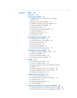 Capítulo 9 EIGRP 163
Introducción 173
9.1 Introducción al EIGRP 174
9.1.1 EIGRP: Protocolo de enrutamiento vector distancia
mejorado 174
9.1.2 Formato de mensajes de EIGRP 175
9.1.3 Módulos dependientes de protocolo (PDM) 177
9.1.4 Tipos de paquetes RTP y EIGRP 177
9.1.5 Protocolo de saludo 178
9.1.6 Actualizaciones limitadas de EIGRP 178
9.1.7 DUAL: Introducción 179
9.1.8 Distancia administrativa 179
9.1.9 Autenticación 180
9.2 Configuración básica del EIGRP 180
9.2.1 Topología de la red EIGRP 180
9.2.2 Sistema autónomo e ID de proceso 180
9.2.3 El comando router eigrp 181
9.2.4 Comando network 181
9.2.5 Verificación de EIGRP 183
9.2.6 Examen de la tabla de enrutamiento 184
9.3 Cálculo de la métrica del EIGRP 185
9.3.1 Métrica compuesta de EIGRP y valores K 185
9.3.2 Métricas de EIGRP 185
9.3.3 Uso del comando bandwidth 187
9.3.4 Cálculo de la métrica de EIGRP 187
9.4 DUAL 188
9.4.1 Conceptos acerca de DUAL 188
9.4.2 Sucesor y Distancia factible 189
9.4.3 Sucesores factibles, Condición de factibilidad y Distancia
notificada 189
9.4.4 Tabla de topología: Sucesor y sucesor factible 190
9.4.5 Tabla de topología: No hay un sucesor factible 191
9.4.6 Máquina de Estados Finitos 192
9.5 Más configuraciones EIGRP 194
9.5.1 Las rutas sumarizadas Null0 194
9.5.2 Deshabilitación de la sumarización automática 194
9.5.3 Resumen manual 195
9.5.4 Ruta predeterminada EIGRP 197
9.5.5 Ajuste de EIGRP 197
9.6 Prácticas de laboratorio de configuración del EIGRP 198
9.6.1 Práctica de laboratorio de configuración básica de EIGRP 198
9.6.2 Práctica de laboratorio de reto de configuración de EIGRP 199
xi
 