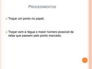 ProcedimentosTraçar um ponto no papel;Traçar com a régua o maior número possível de retas que passem pelo ponto marcado;